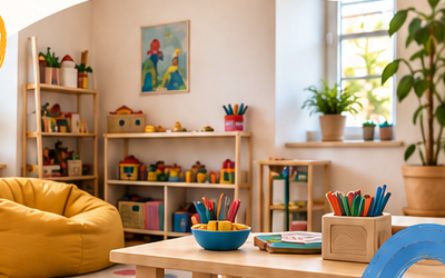 De spelkamer van Play Bay met een zitzak, speelgoed en tekenmateriaal