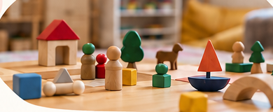 Houten speelgoed in de spelkamer: huisjes, poppetjes, bomen en blokken